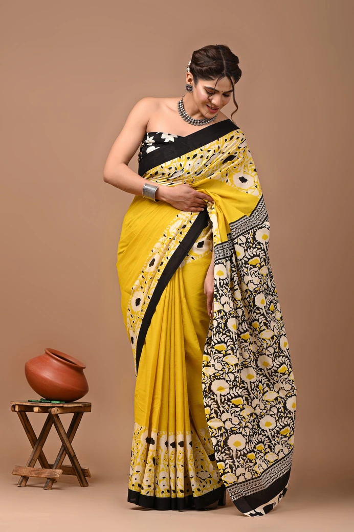Yellow Printed Cotton Mulmul Saree