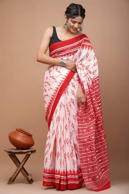 White Printed Cotton Mulmul Saree