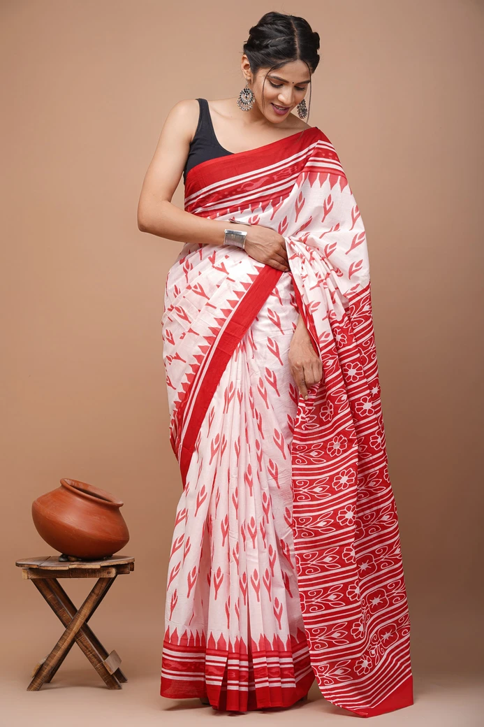 White Printed Cotton Mulmul Saree