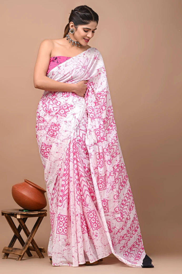 White Printed Cotton Mulmul Saree