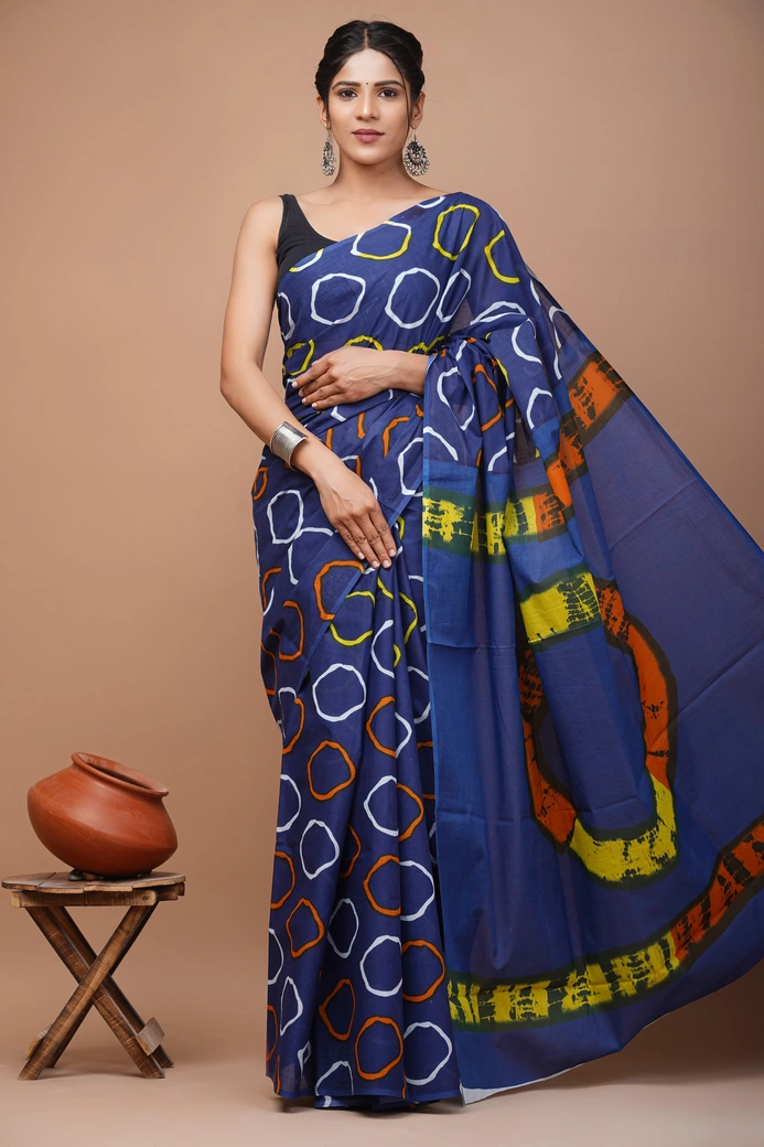 Blue Shibori Print Cotton Mulmul Saree