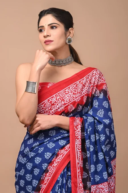 Red & Blue Cotton Mulmul Saree