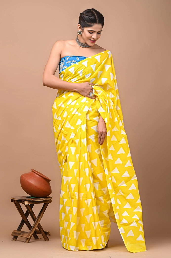 Yellow Triangle Printed Cotton Mulmul Saree