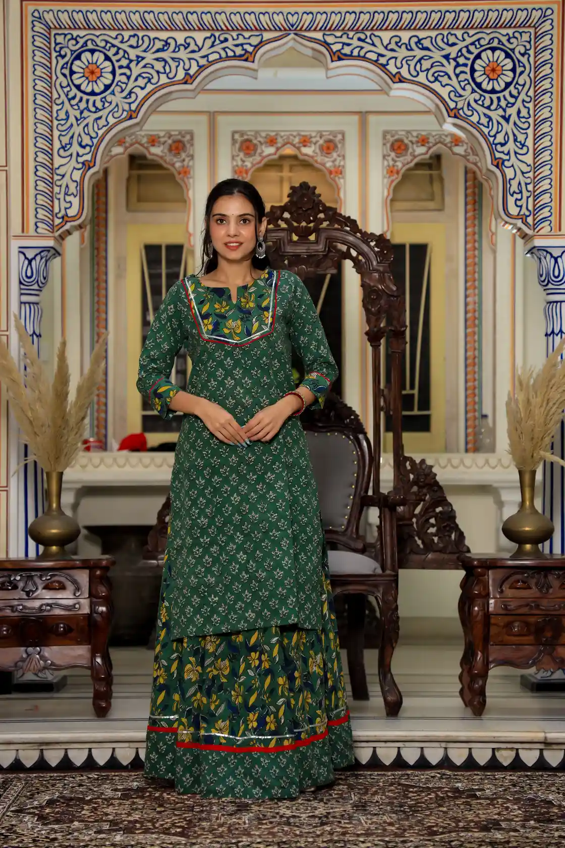 Green Hand Block Print Cotton Kurti Skirt Dress