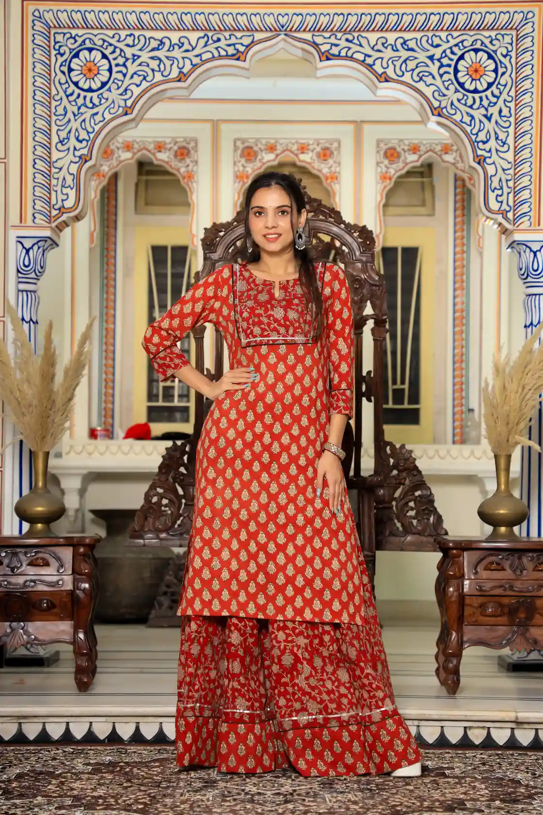 Red Hand Block Print Cotton Kurti Skirt Dress
