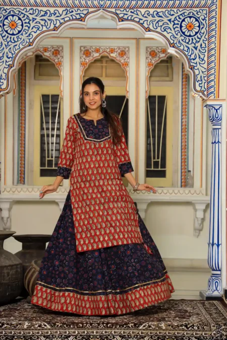 Red & Black Bagru Print Cotton Kurti Skirt Dress
