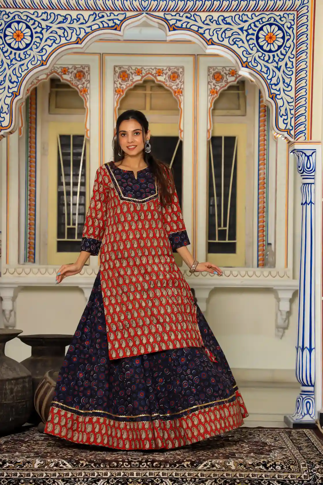 Red & Black Bagru Print Cotton Kurti Skirt Dress