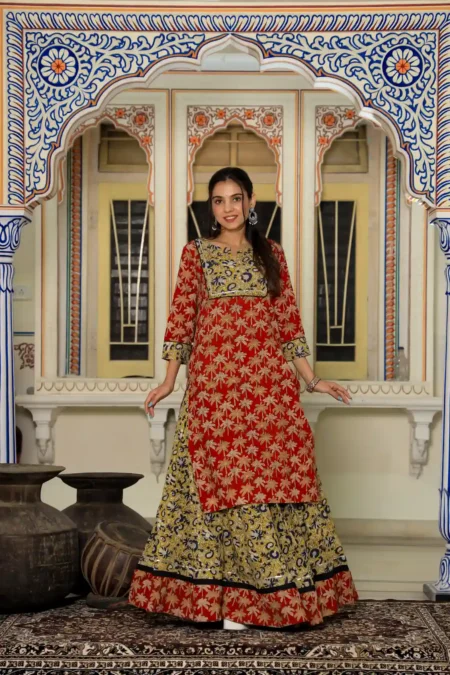 Red Kalamkari Bagru Print Cotton Kurti Skirt