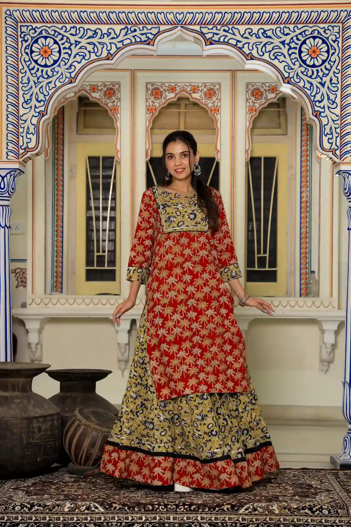 Red Kalamkari Bagru Print Cotton Kurti Skirt