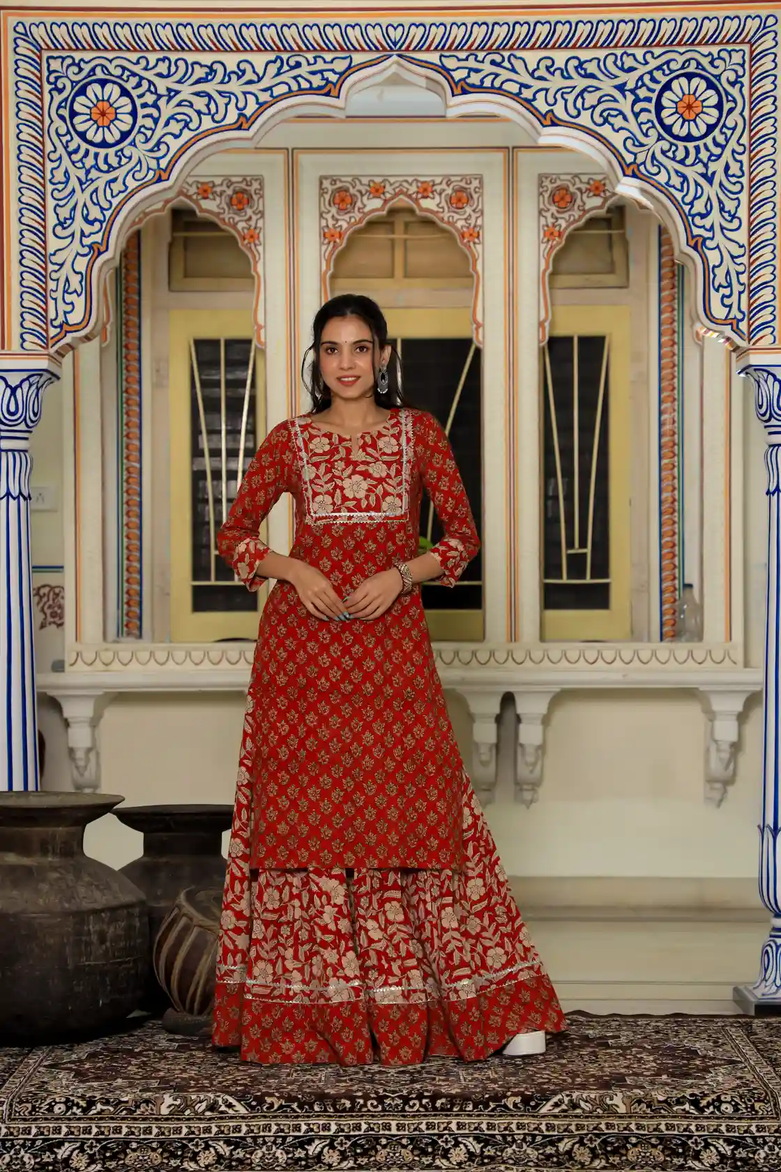 Red Bagru Print Cotton Kurti Skirt Dress