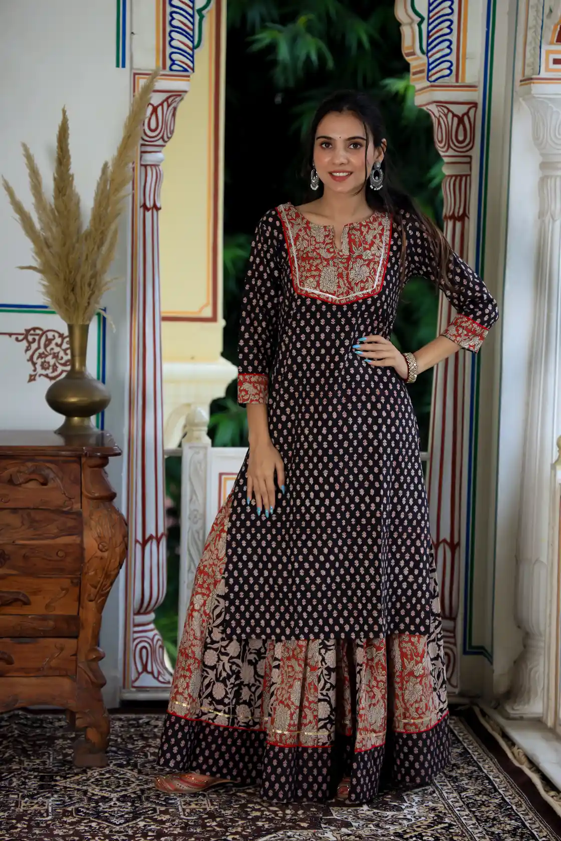 Syahi Black Bagru Print Cotton Kurti Skirt Dress