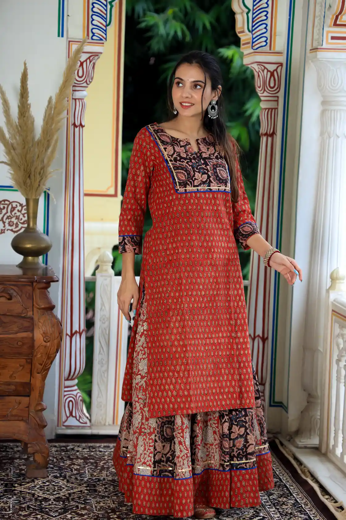 Red & Black Bagru Print Cotton Kurti Skirt Dress
