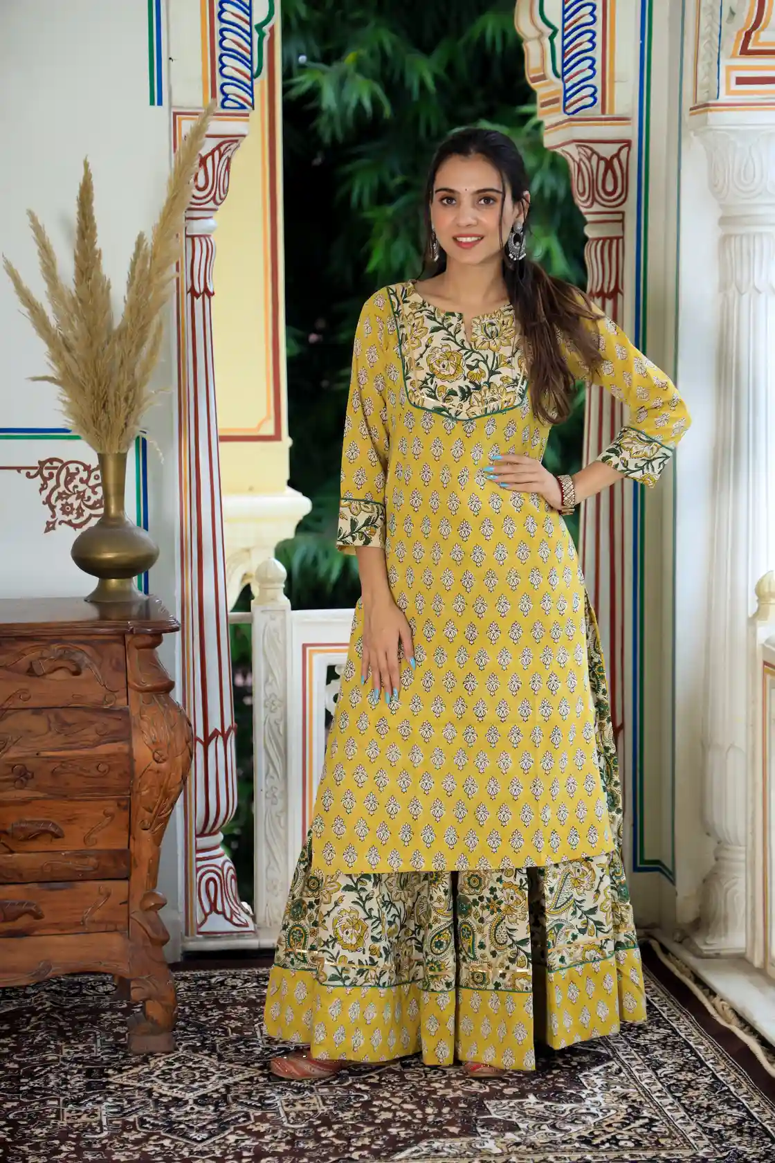 Yellow Bagru Print Cotton Kurti Skirt Dress