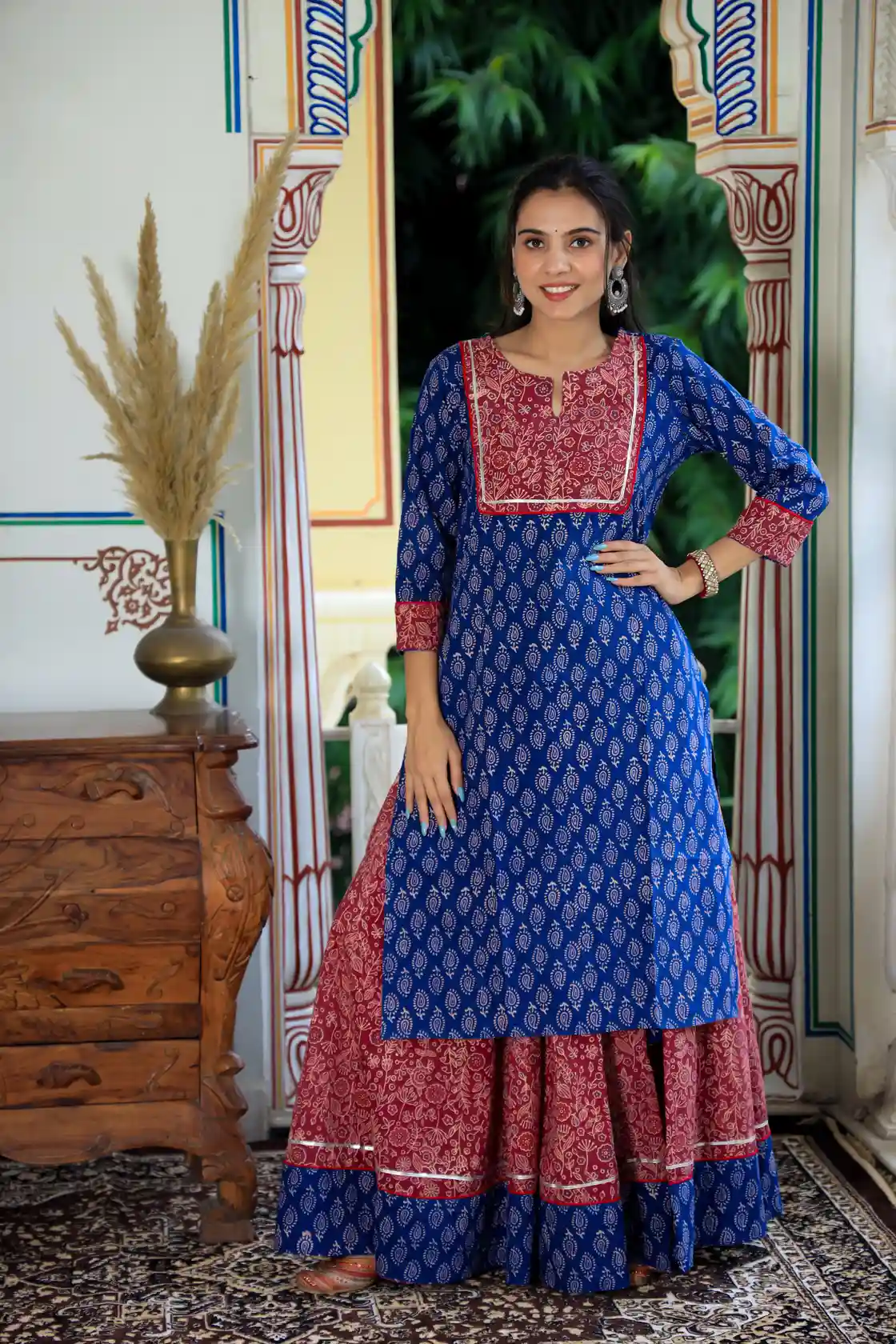 Blue & Red Maroon Print Cotton Kurti Skirt Dress