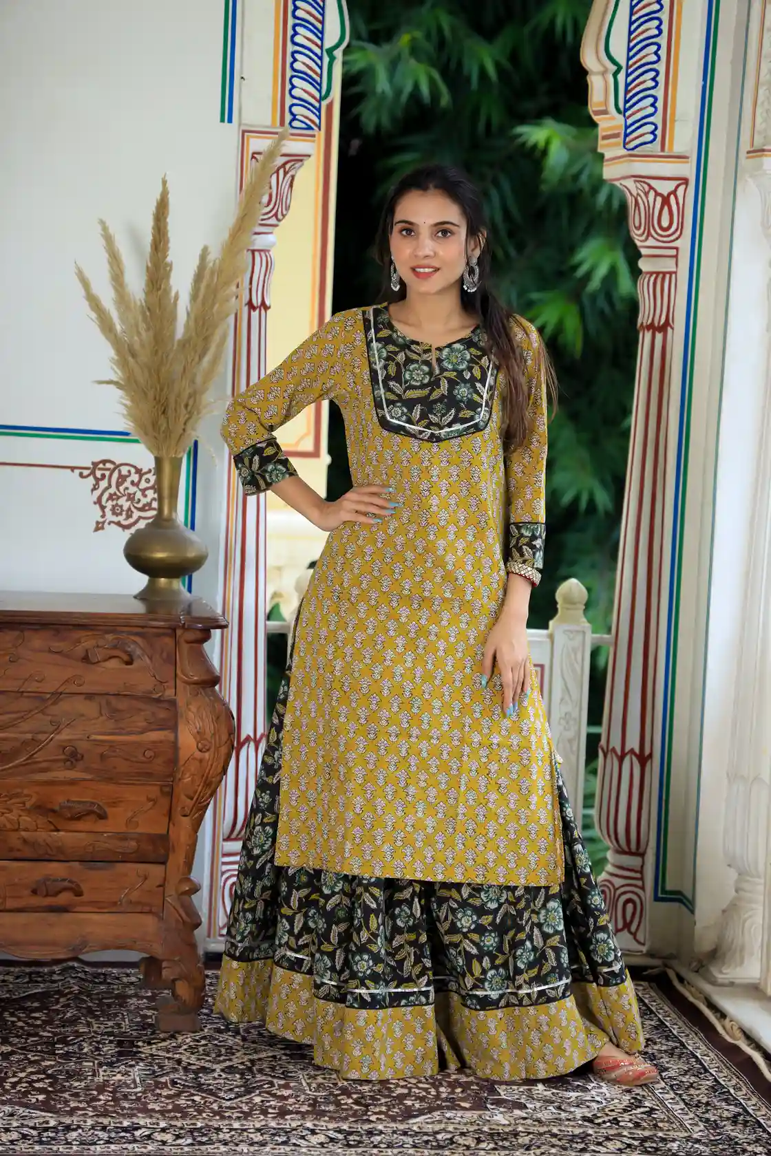 Yellow & Black Bagru Print Cotton Kurti Skirt Dress