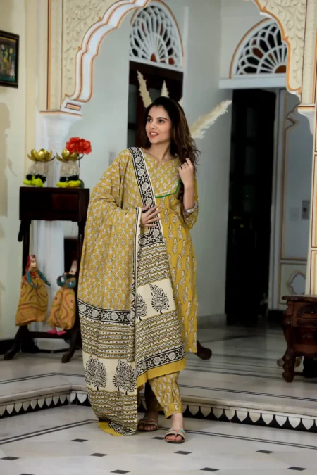 Musturd Yellow Bagru Print Cotton Afghani Suit