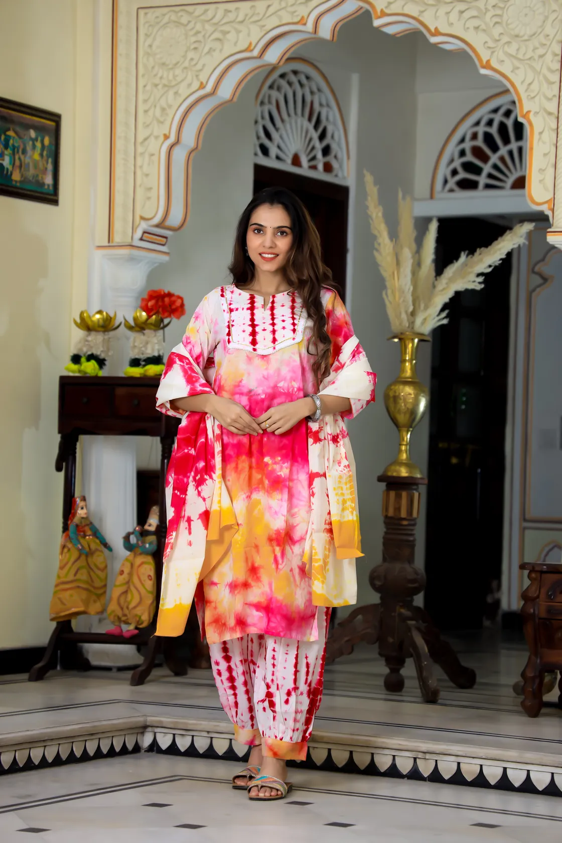 Red & Yellow Tie Dye Cotton Afghani Suit