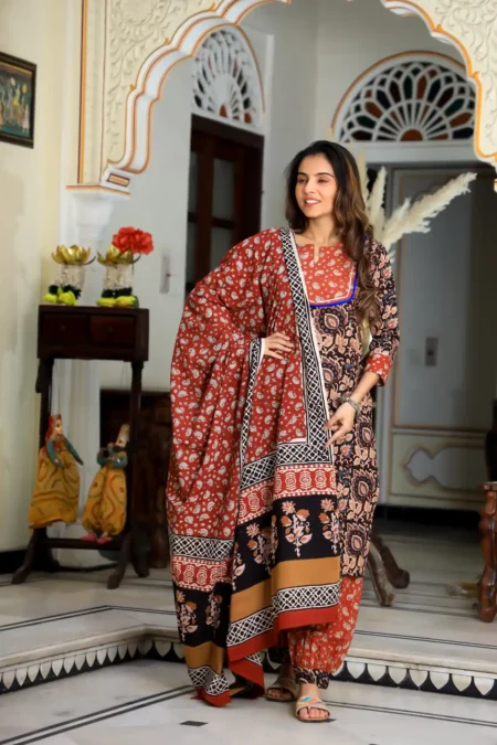 Red & Black Bagru Print Cotton Afghani Suit