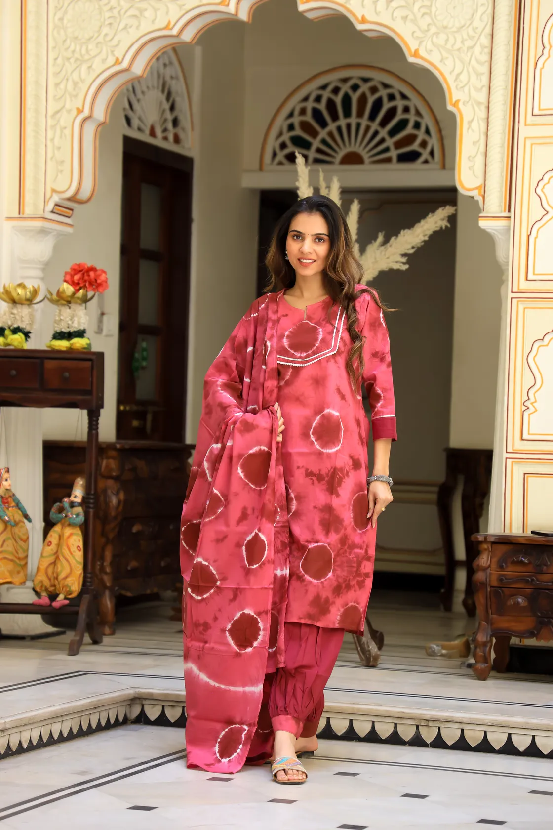 Red Tie Dye Cotton Afghani Suit
