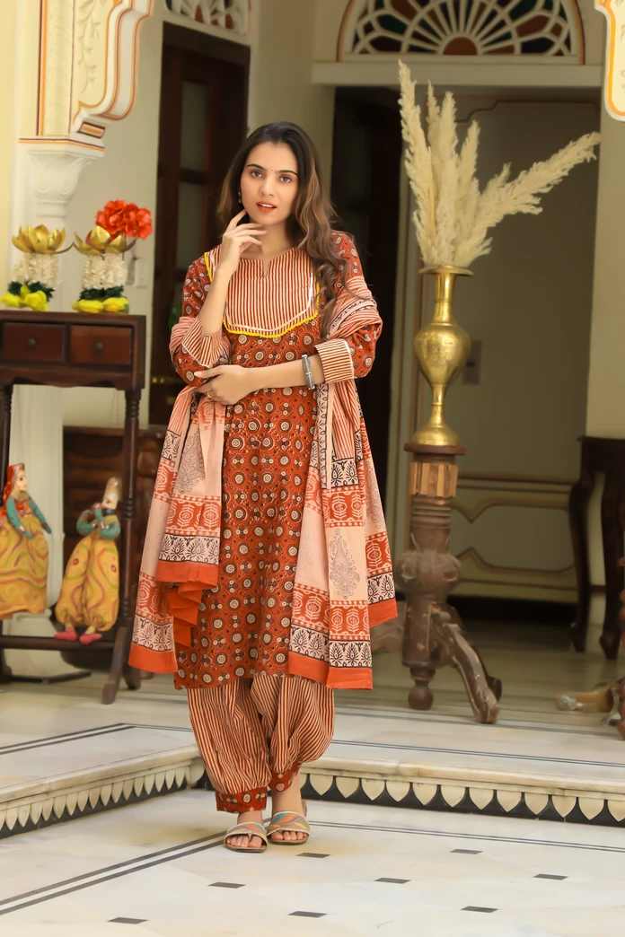 Rust Red Bagru Print Cotton Afghani Suit