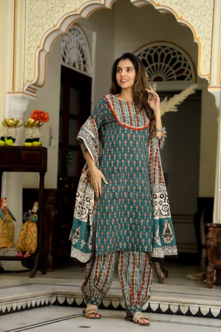 Green Bagru Print Cotton Afghani Suit