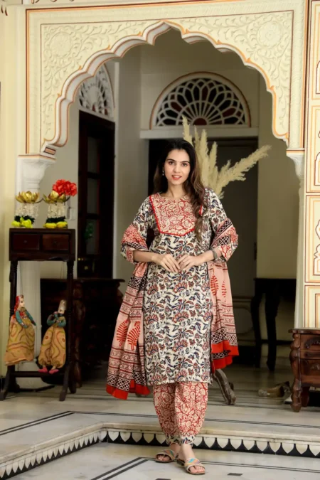 Peach Kalamkari Bagru Print Cotton Afghani Suit