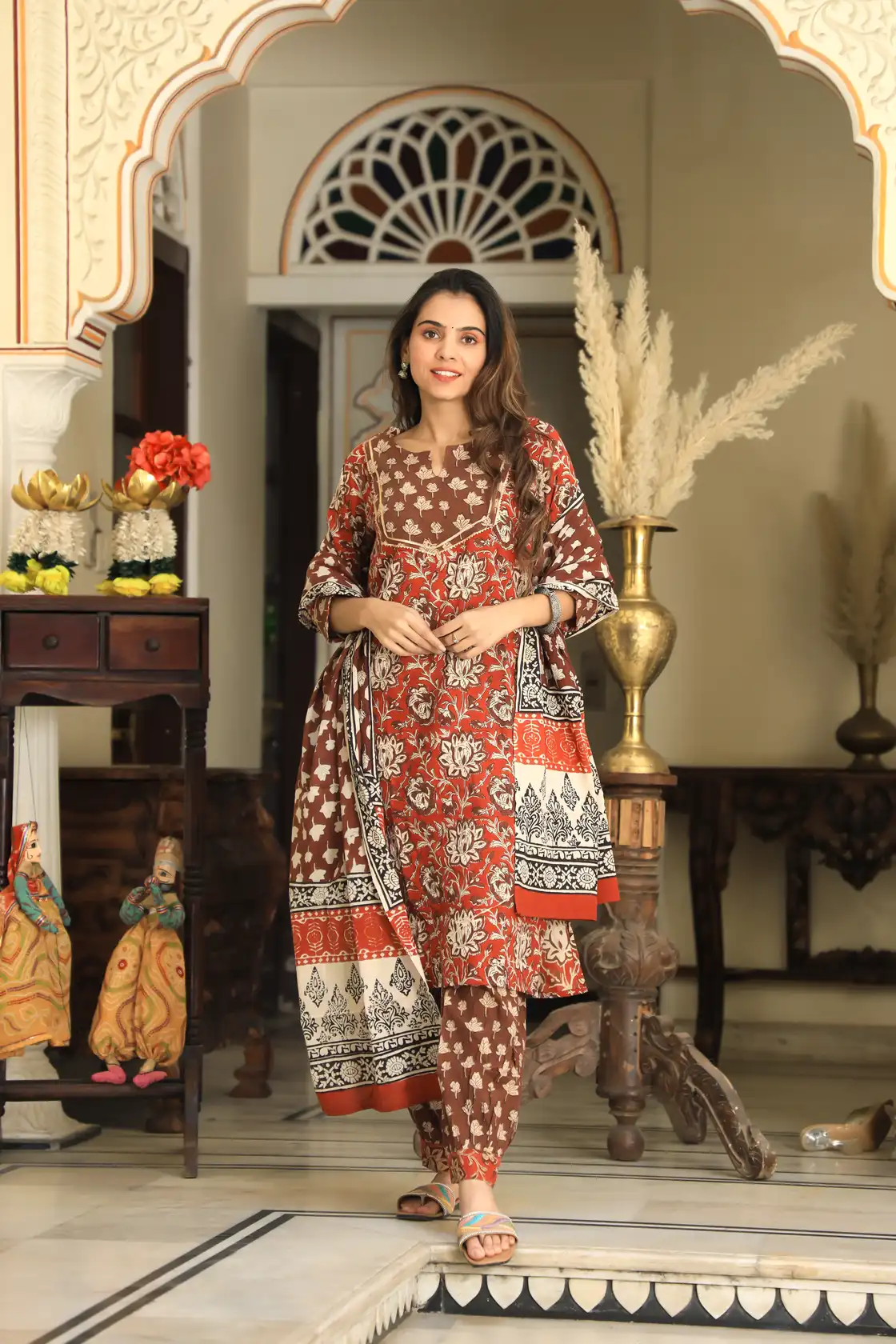 Red & Dark Brown Bagru Print Cotton Afghani Suit