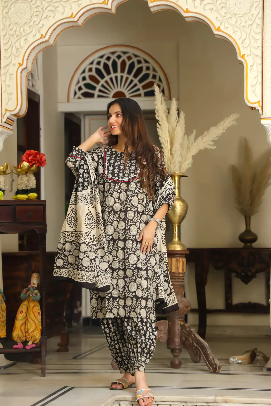 Black Bagru Print Cotton Afghani Suit