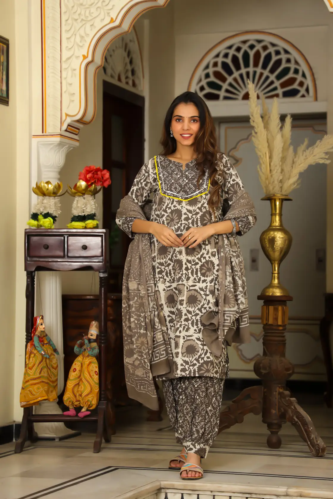 Kashish Daabu Print Cotton Afghani Suit With Dupatta