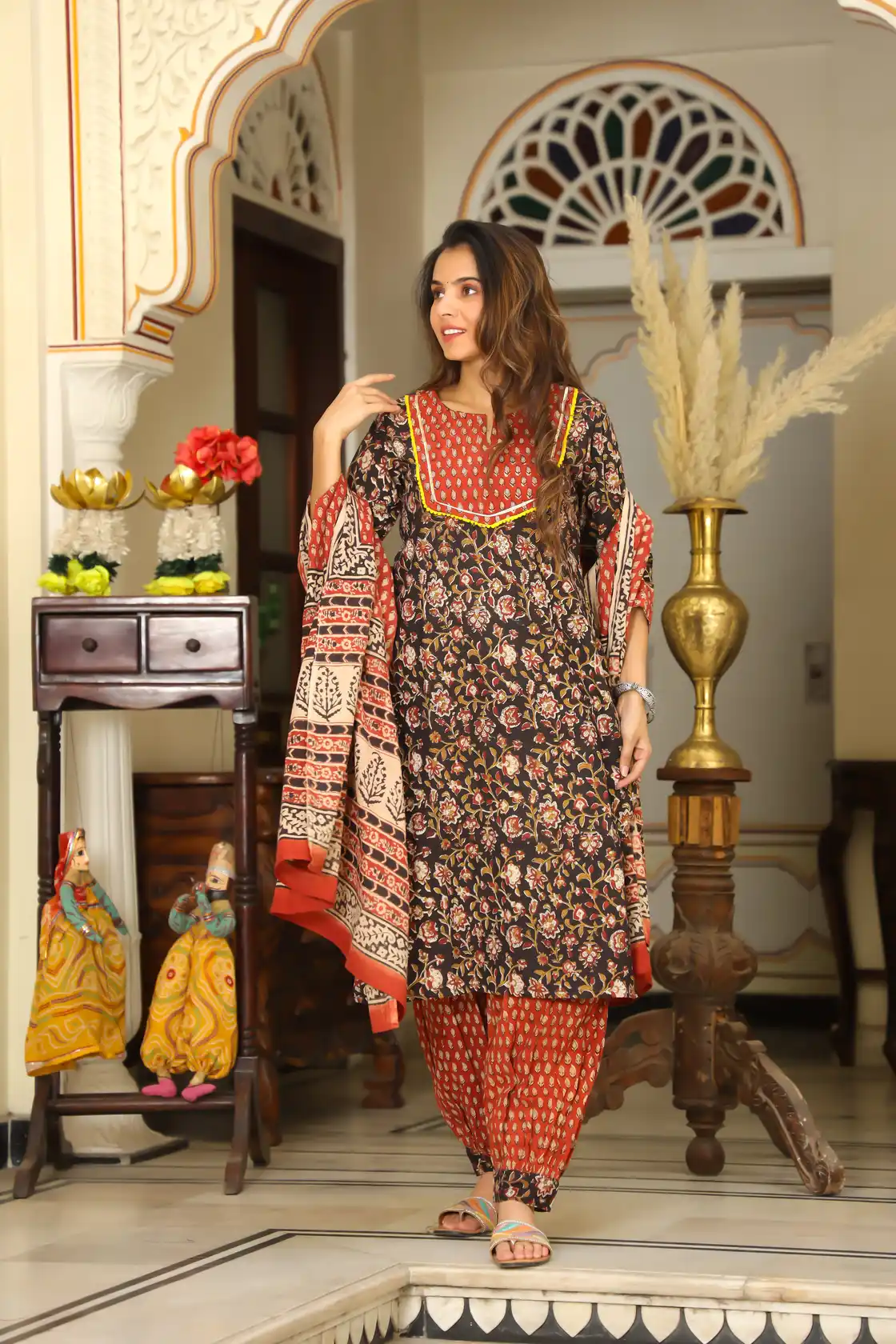 Black Kalamkari Print Cotton Afghani Suit