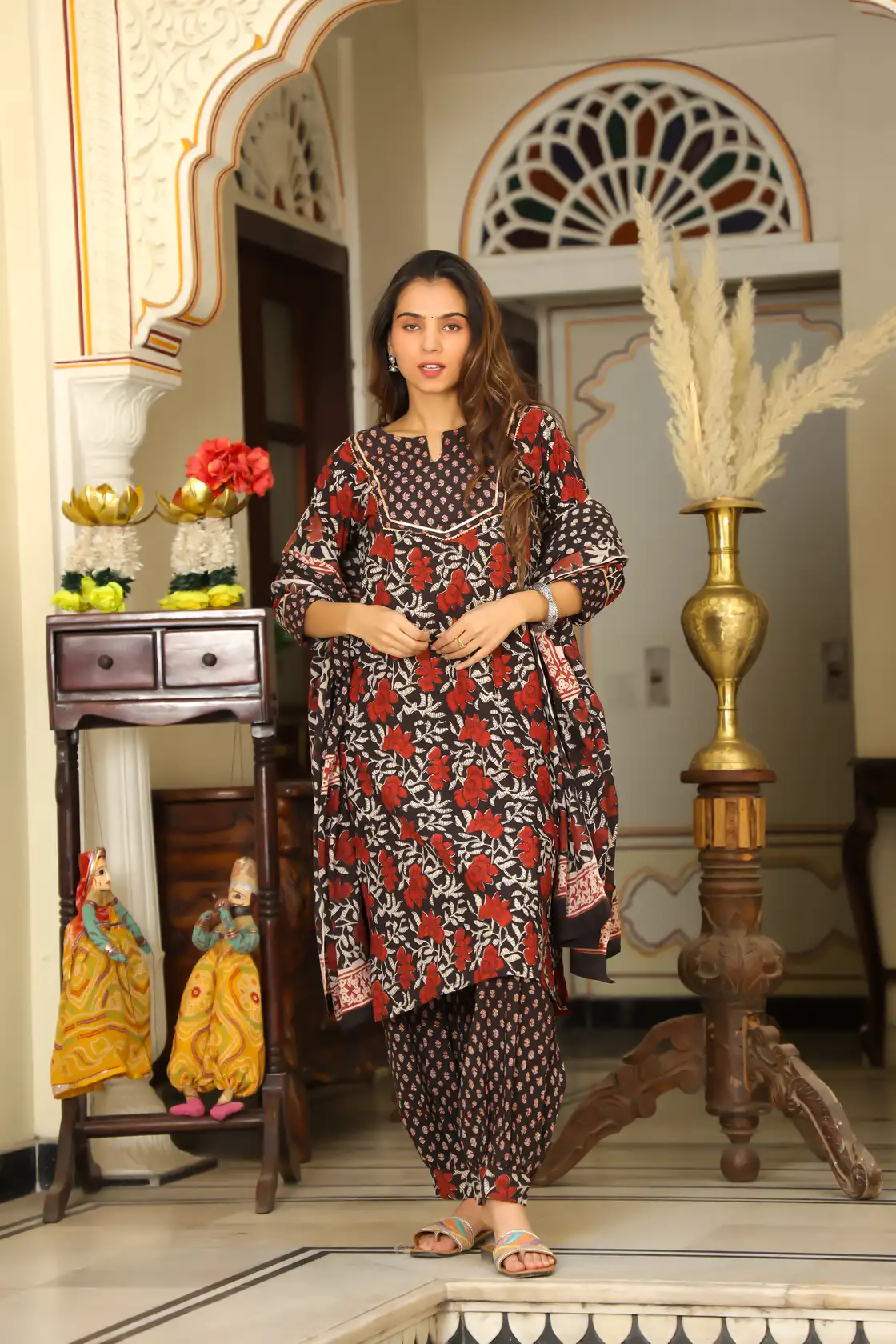 Black Bagru Block Print Cotton Afghani Suit