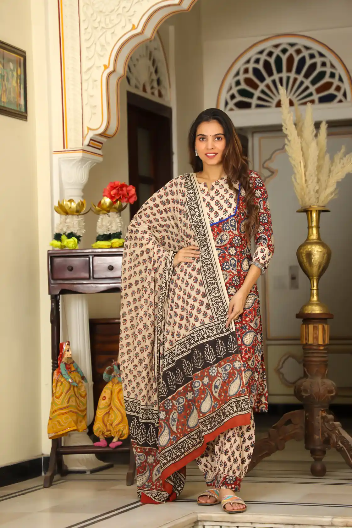 Peach & Red HandBlock Print Cotton Afghani Suit