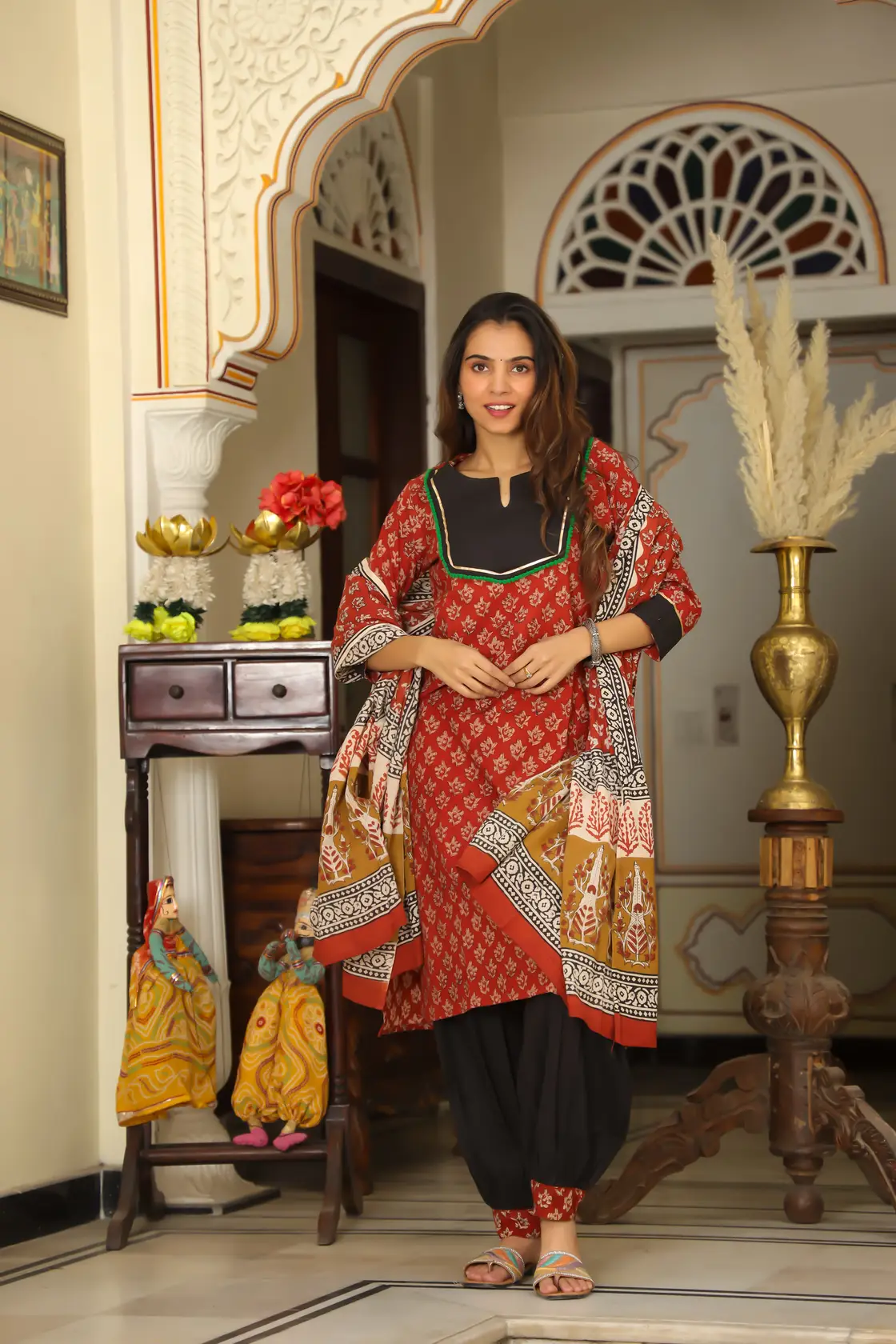 Black & Red HandBlock Print Cotton Afghani Suit