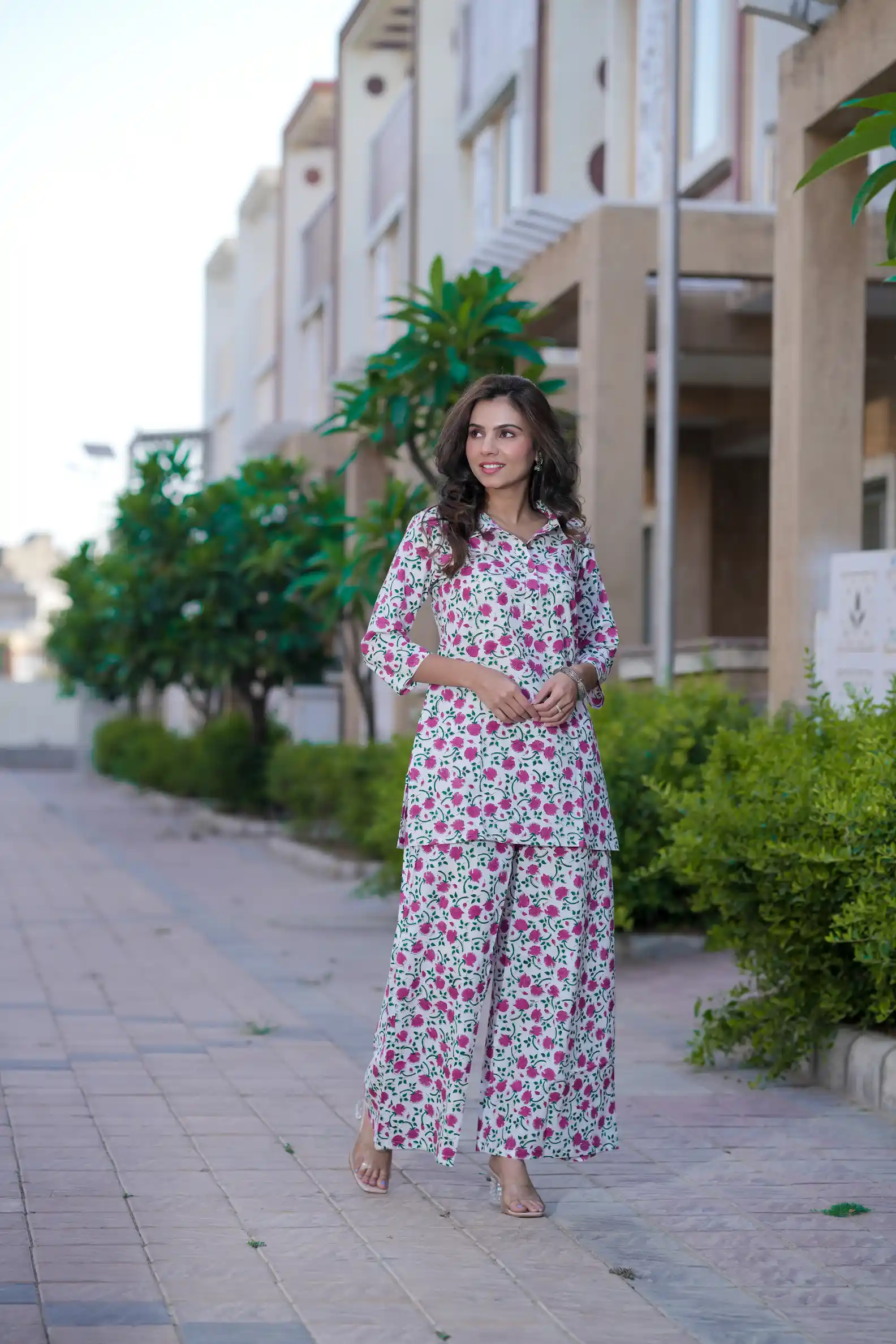 White Flower Print Cotton Kurti Plaazo