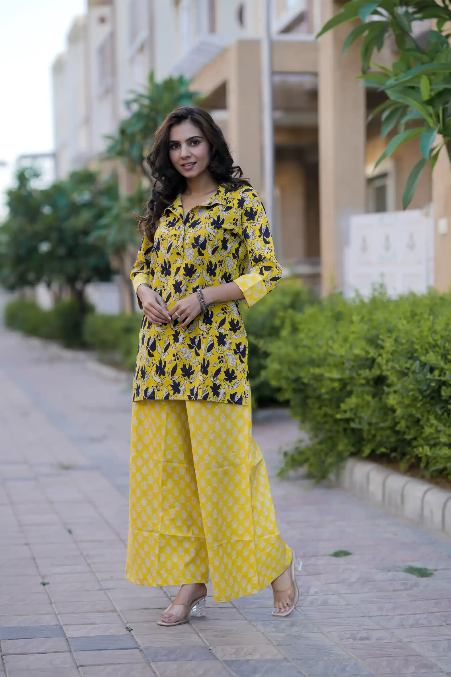 Yellow Bagru Print Cotton Kurti Plaazo
