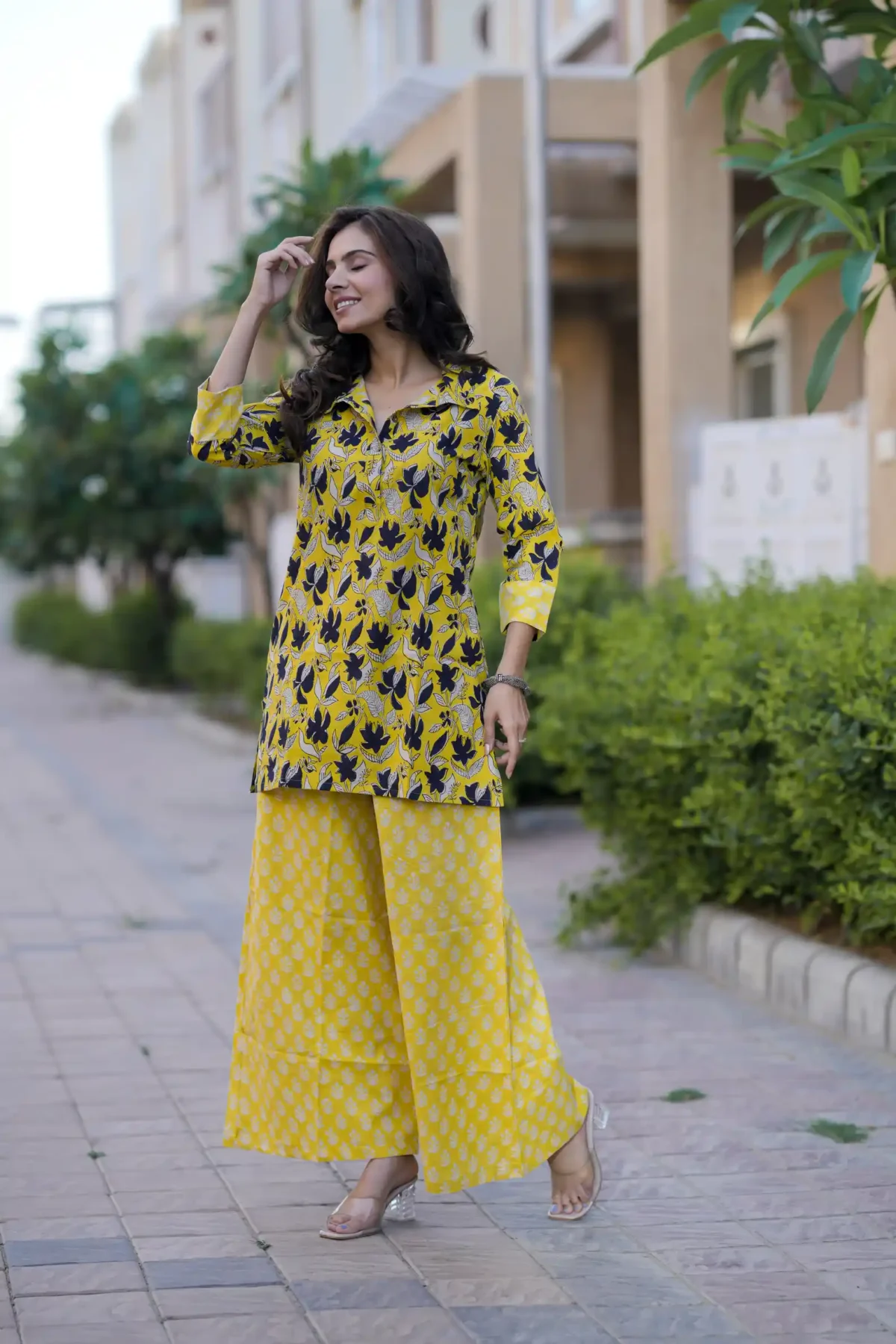 Yellow Bagru Print Cotton Kurti Plaazo - Image 3