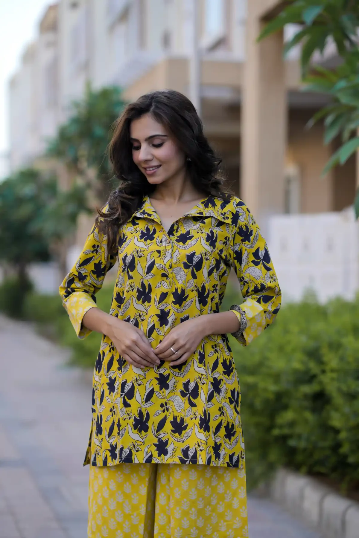 Yellow Bagru Print Cotton Kurti Plaazo - Image 2