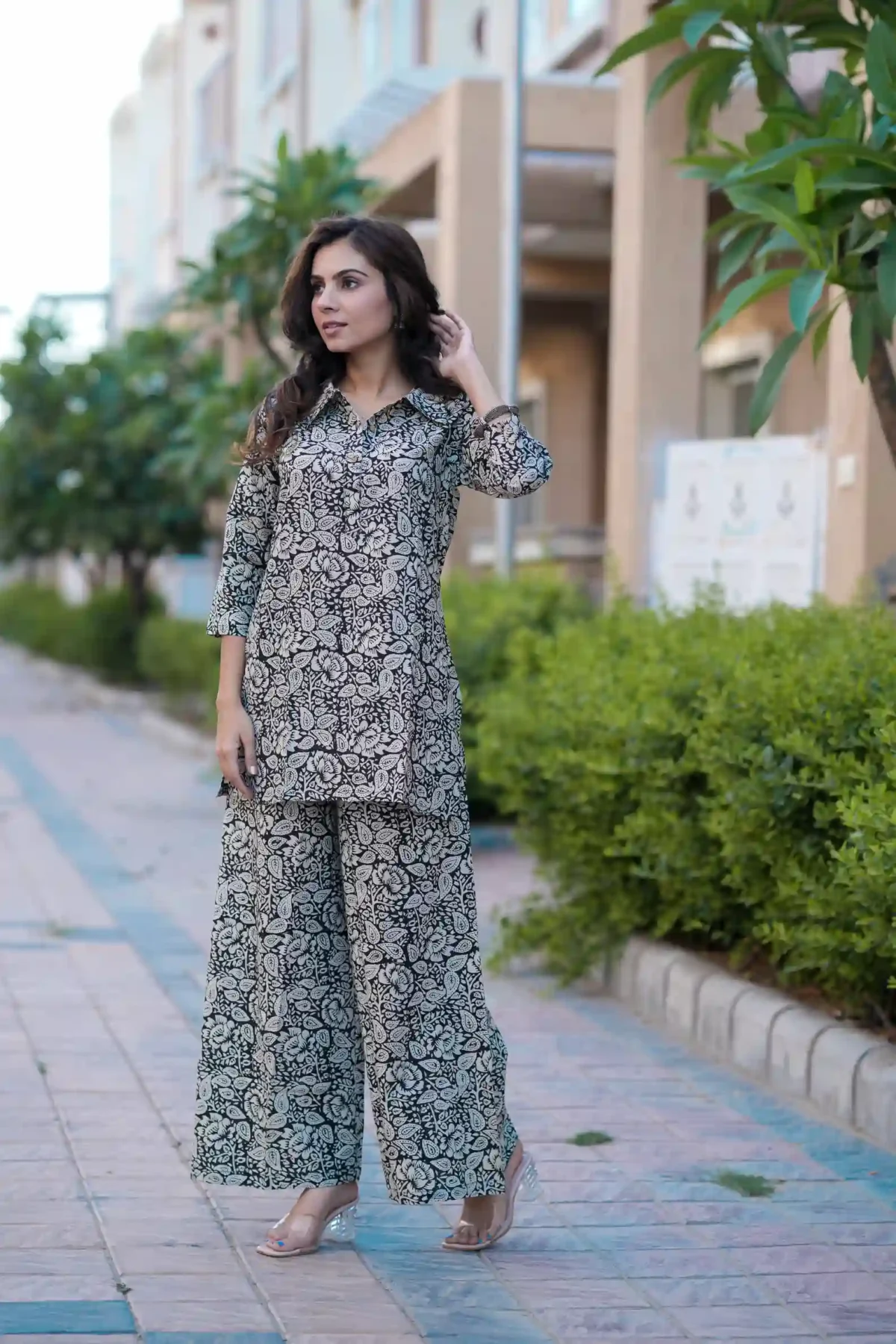 Black Bagru Print Cotton Kurti Plaazo - Image 3