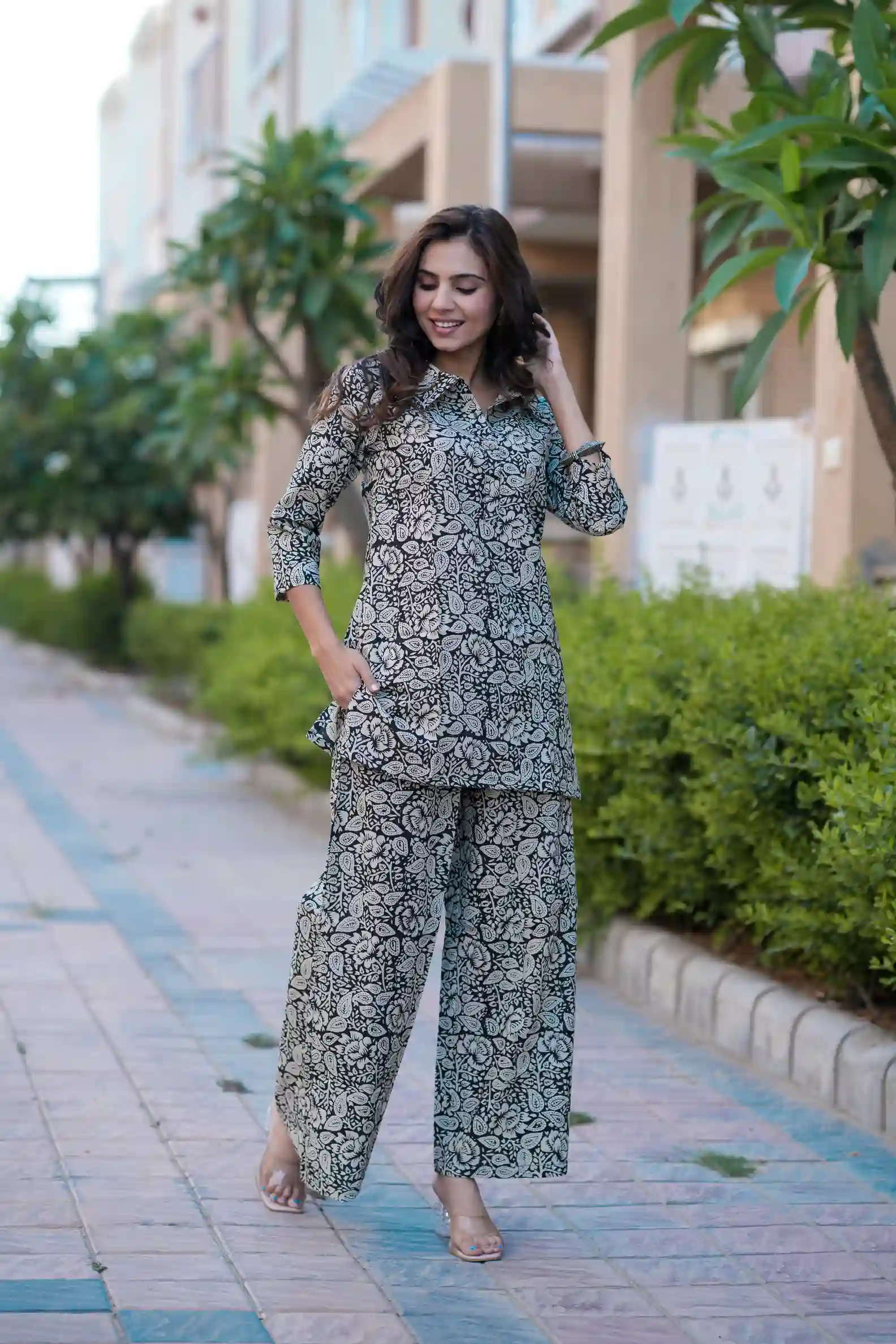 Black Bagru Print Cotton Kurti Plaazo