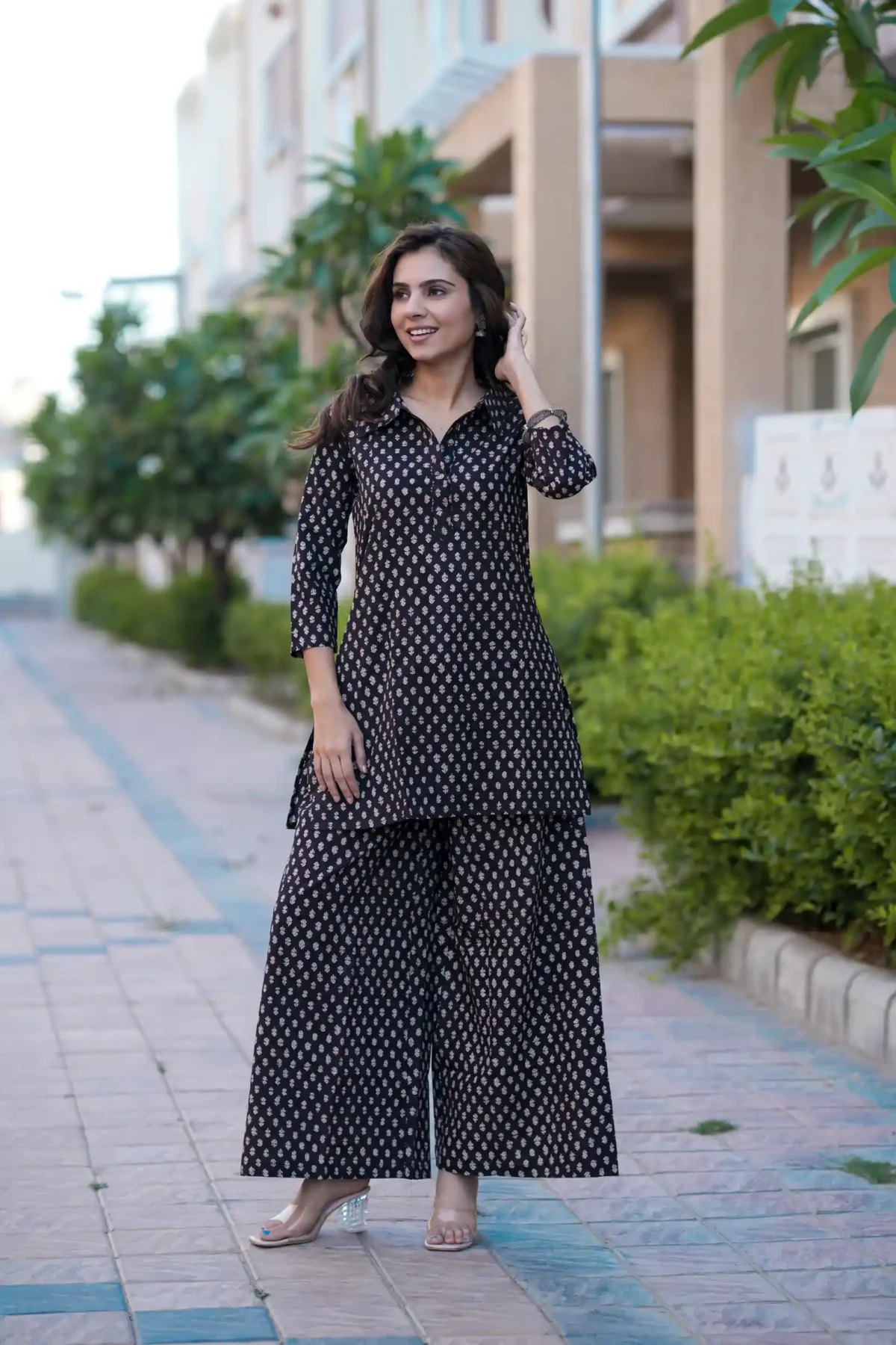 Syahi Black Bagru Print Cotton Kurti Plaazo - Image 3