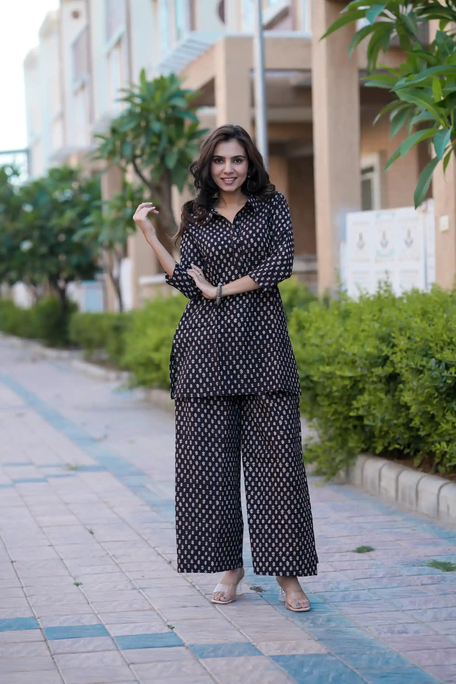 Syahi Black Bagru Print Cotton Kurti Plaazo