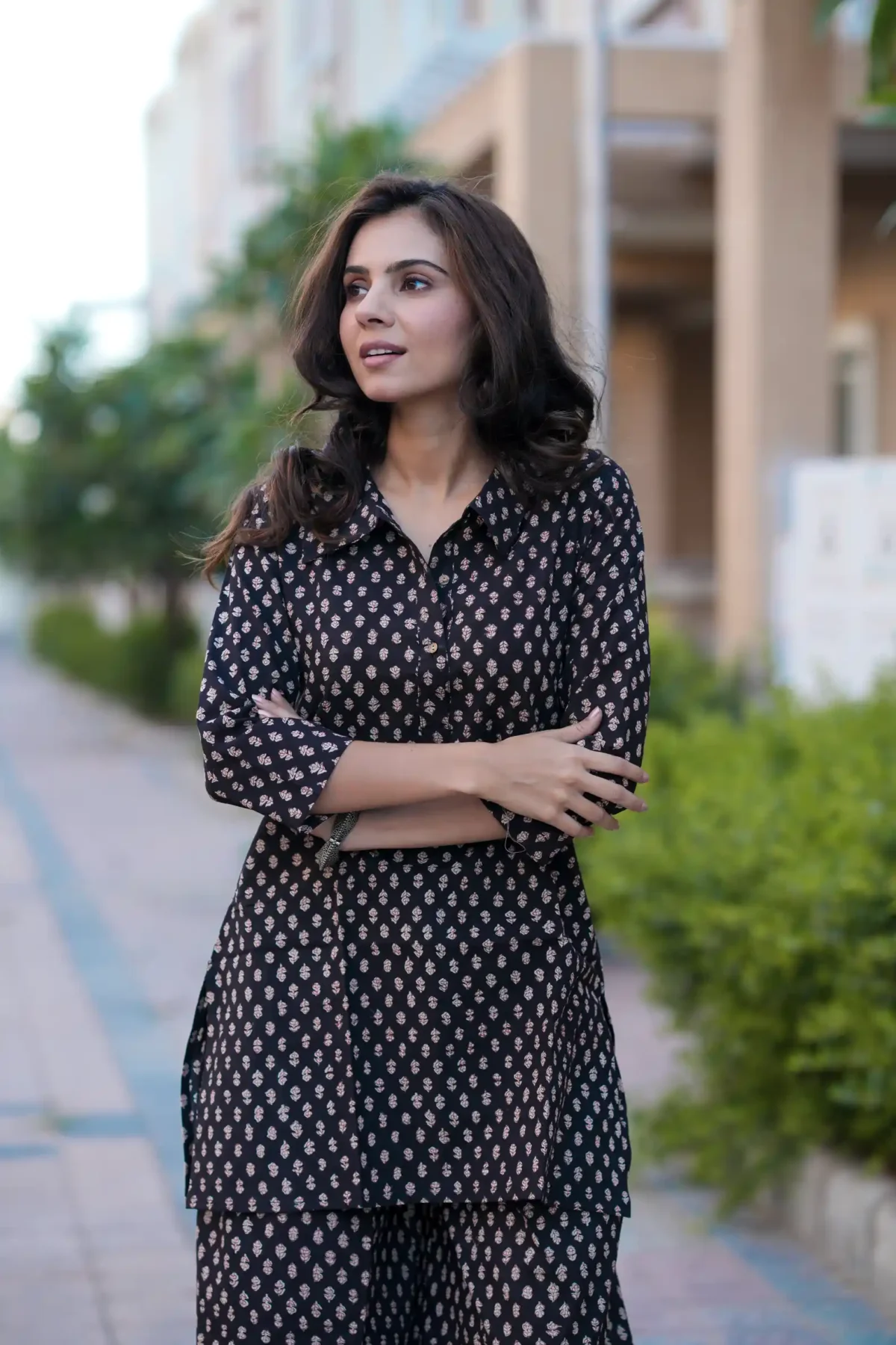 Syahi Black Bagru Print Cotton Kurti Plaazo - Image 2
