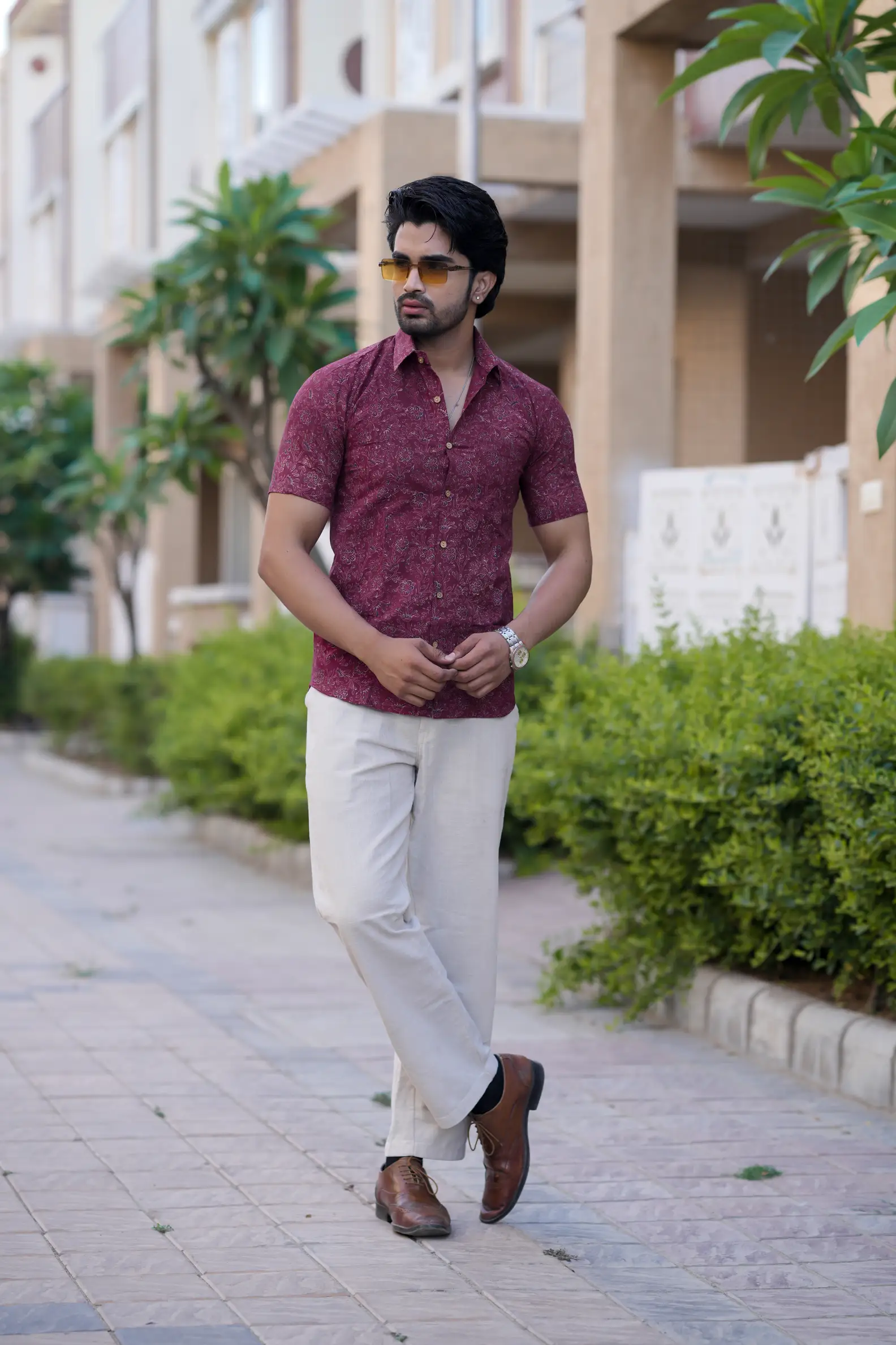 Maroon Bagru Print Cotton Half Sleeve Shirt