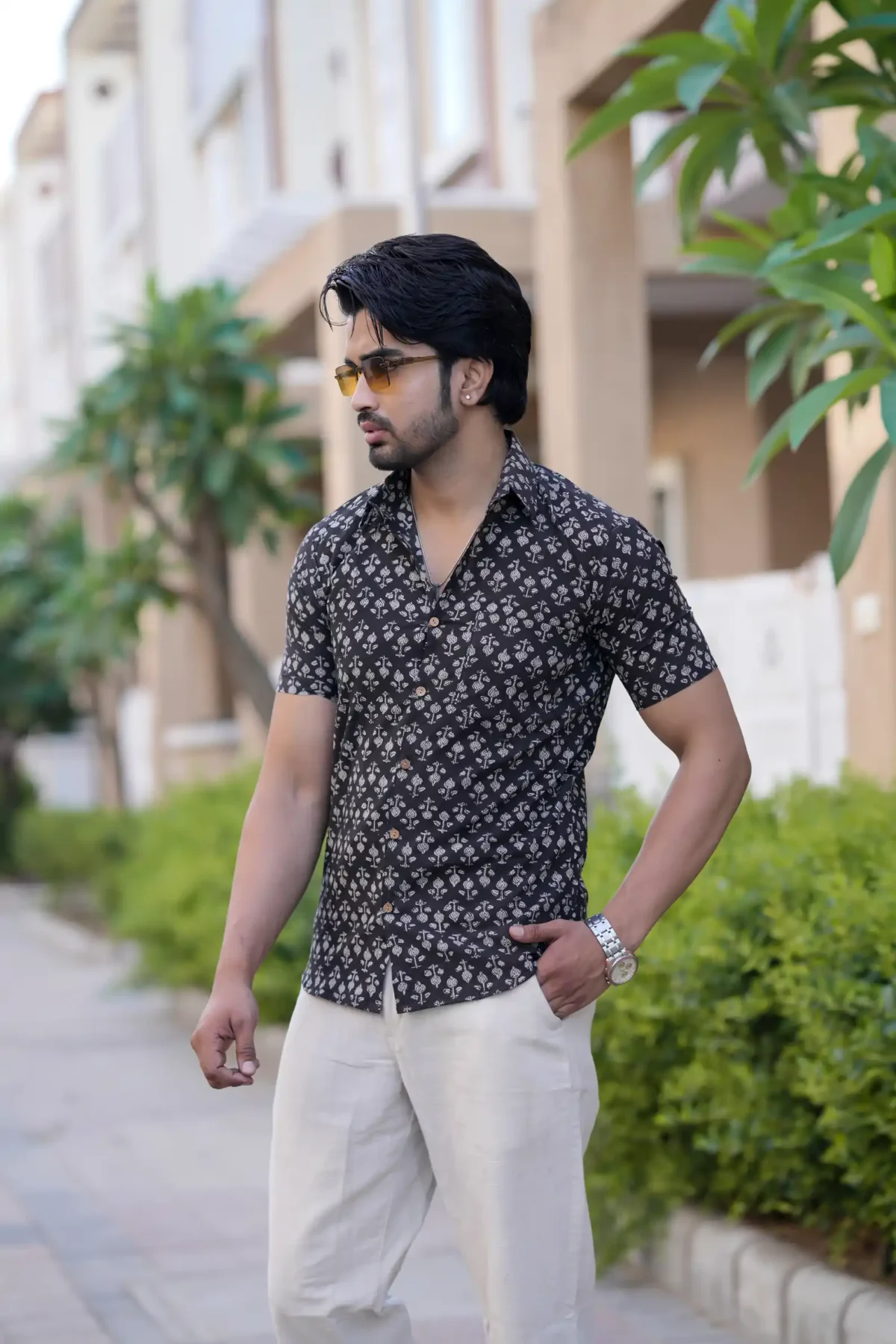 Black Bagru Print Cotton Half Sleeve Shirt - Image 2