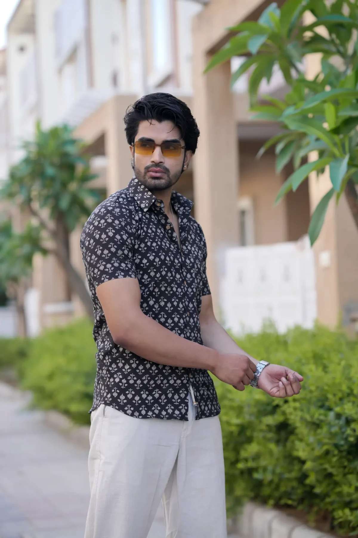 Black Bagru Print Cotton Half Sleeve Shirt - Image 3