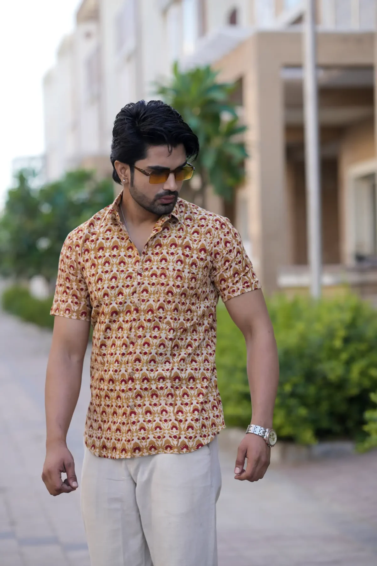 Brown Bagru Print Cotton Half Sleeve Shirt - Image 3