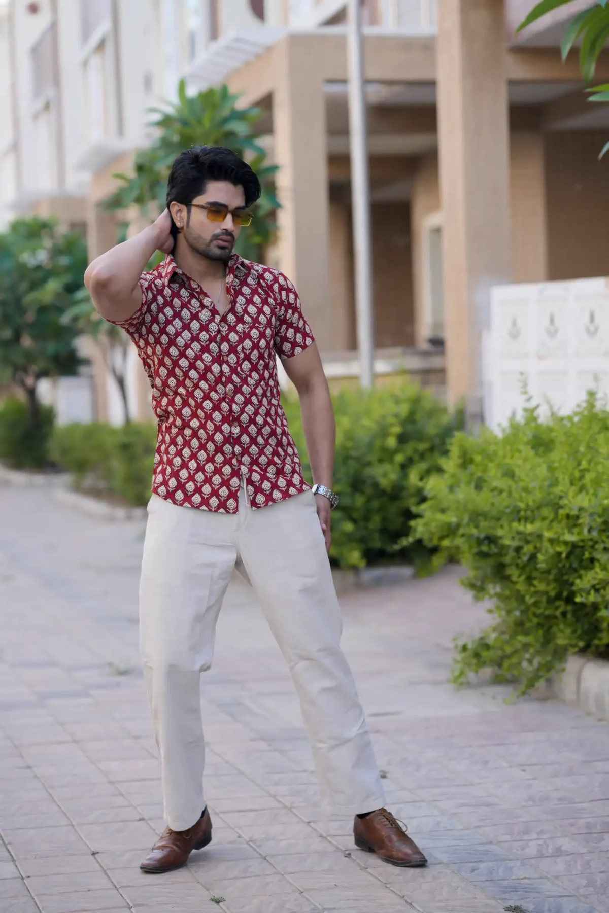 Red Bagru Print Cotton Half Sleeve Shirt - Image 3