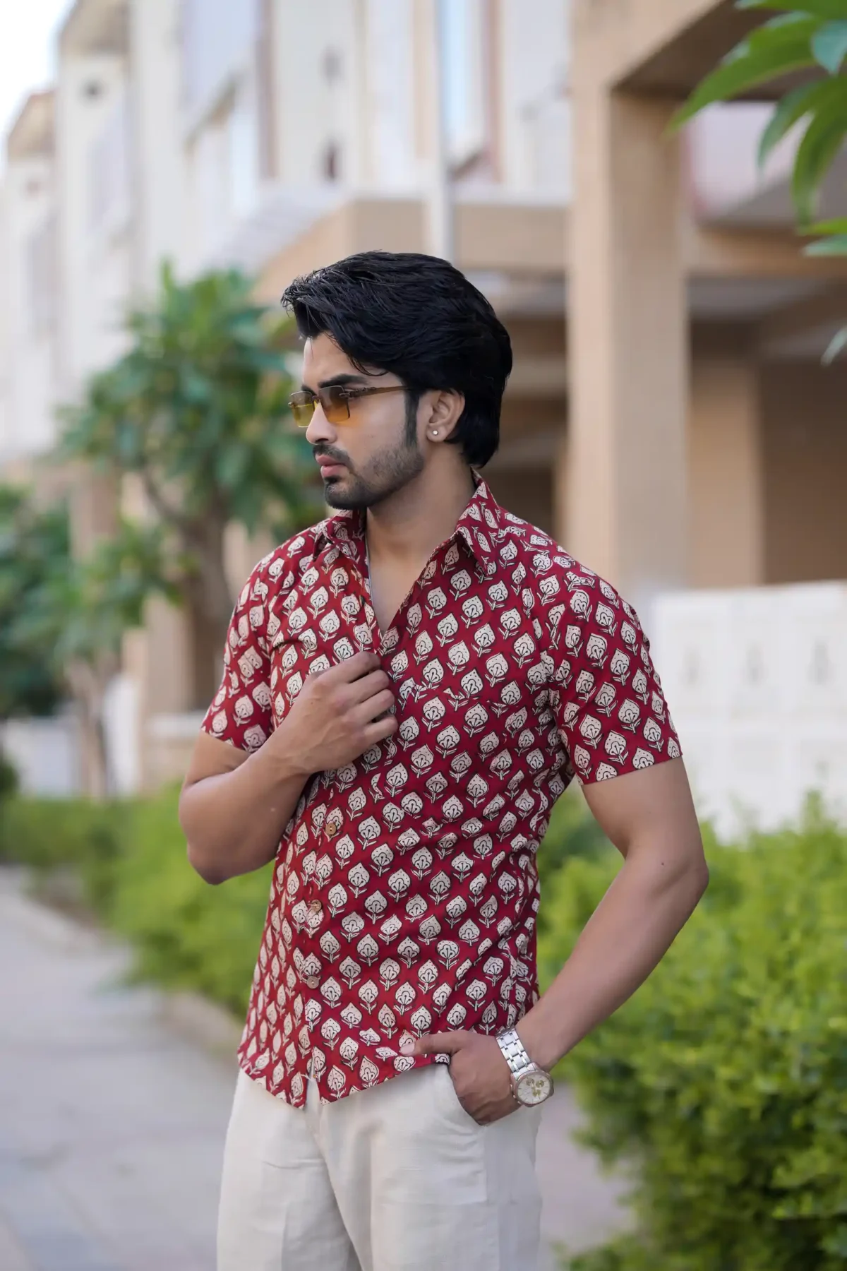 Red Bagru Print Cotton Half Sleeve Shirt - Image 2