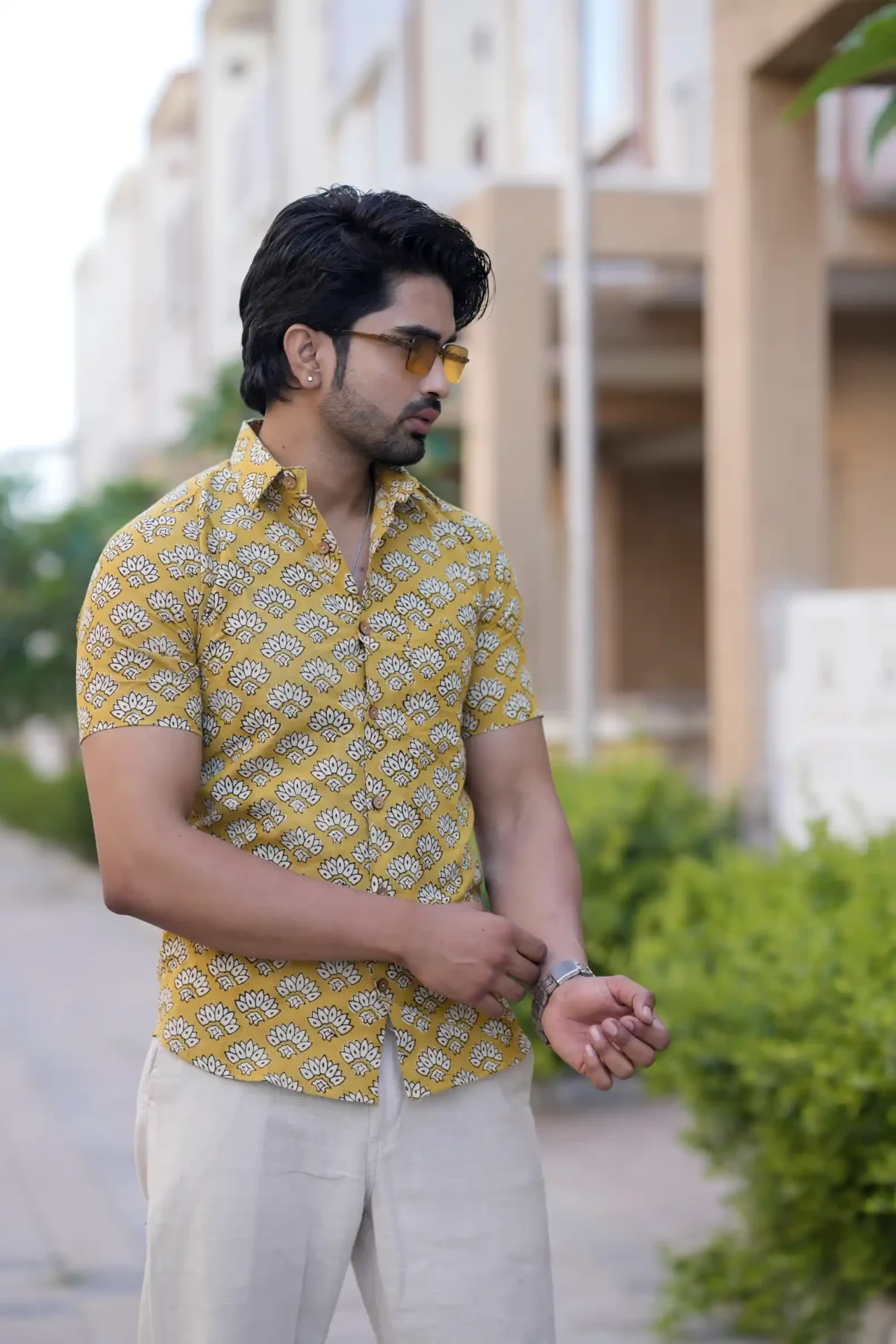 Musturd Block Print Cotton Half Sleeve Shirt - Image 2
