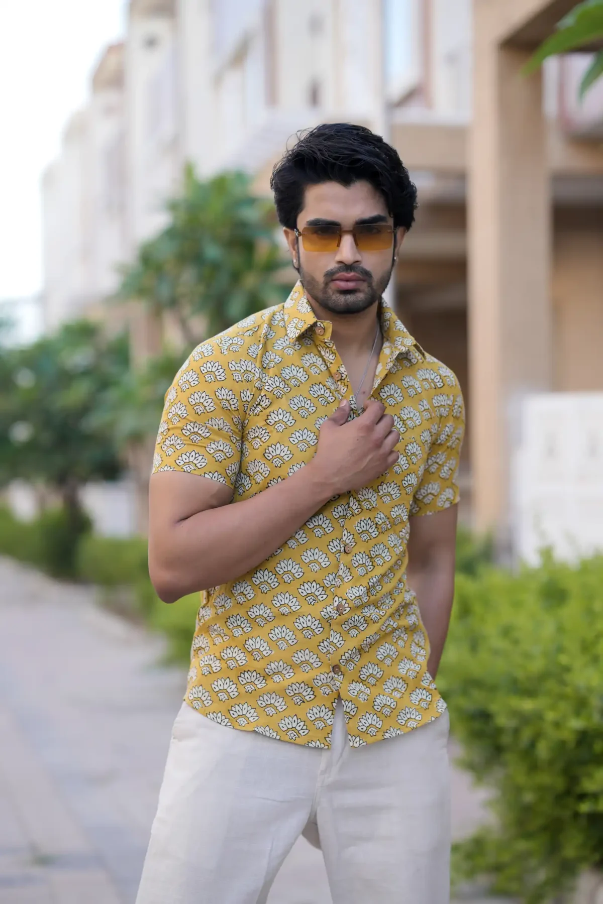 Musturd Block Print Cotton Half Sleeve Shirt - Image 3